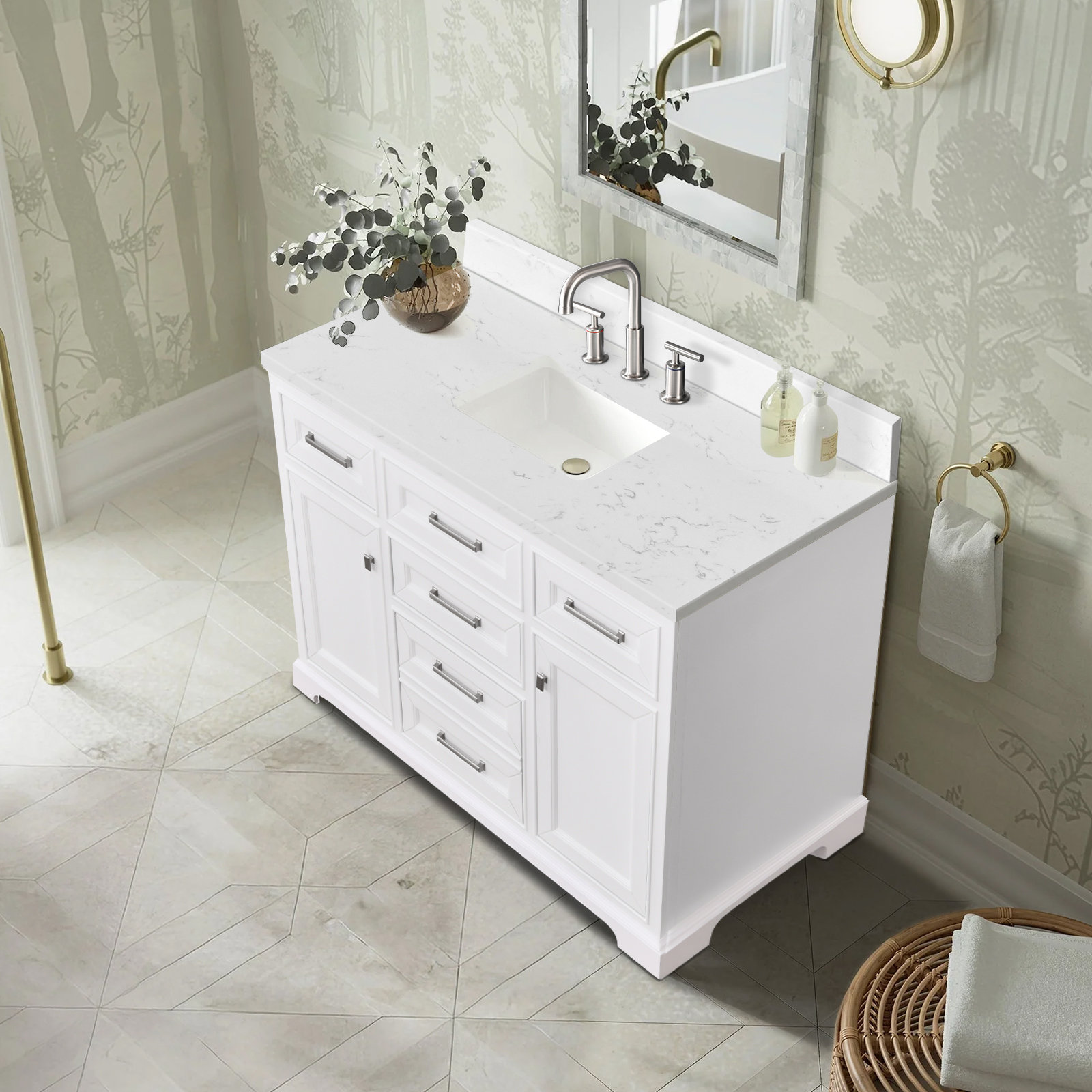 Red Barrel Studio® 48" White Bathroom Vanity With Engineered Marble Top ...